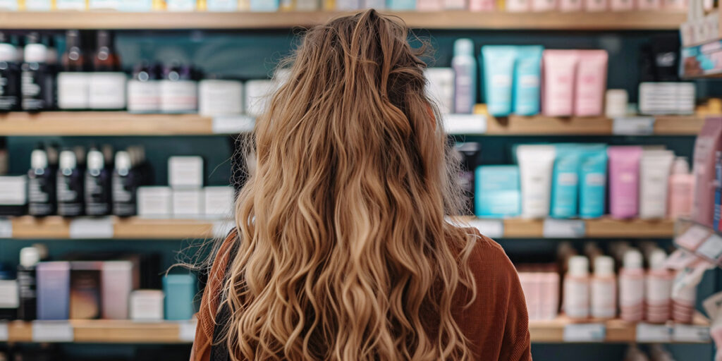 Brand awareness for franchise. Woman standing in front of shelf at store choosing which product to buy