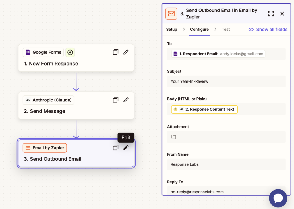 Screenshot of Zapier showing the workflow used for the Year in Review generator.