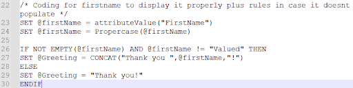 AMPscript code setting a personalized first name and greeting with fallback logic
