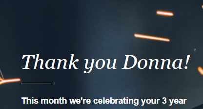 Personalized email preview reading Thank you Donna and celebrating a 3 year milestone