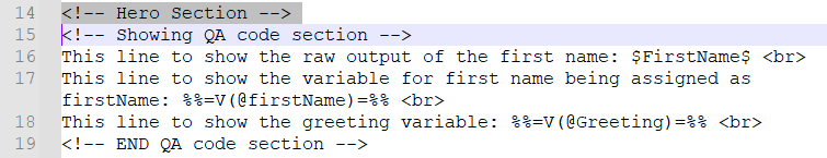 Email QA code section showing raw output and variables for first name and greeting